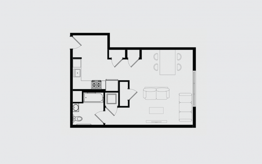 A - Studio floorplan layout with 1 bath and 616 square feet.