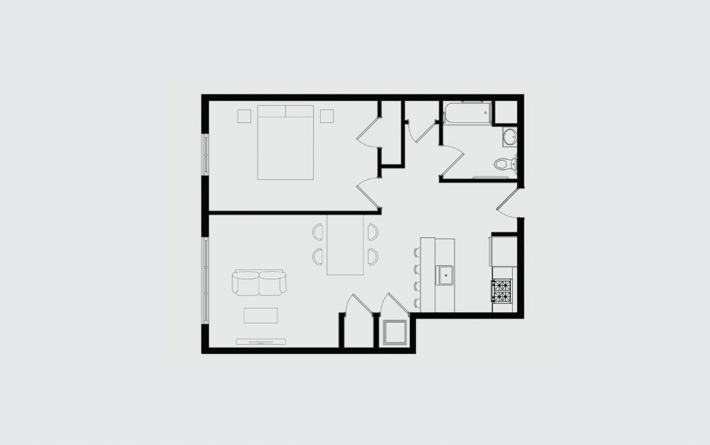 B - 1 bedroom floorplan layout with 1 bath and 796 square feet.