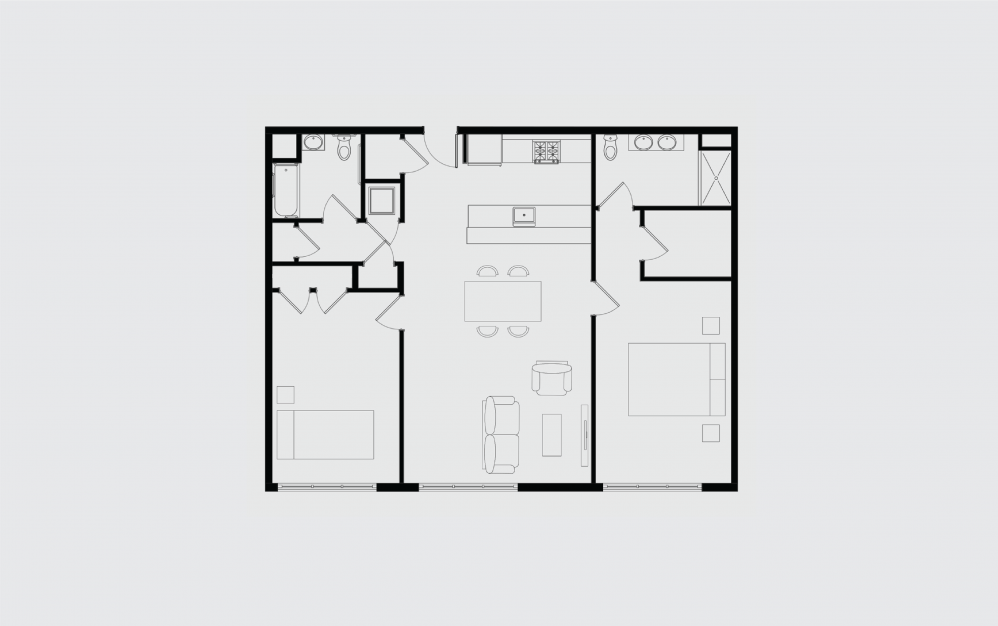 E - 2 bedroom floorplan layout with 2 baths and 1350 square feet.
