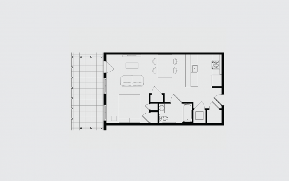 F.2 - Studio floorplan layout with 1 bath and 624 square feet.