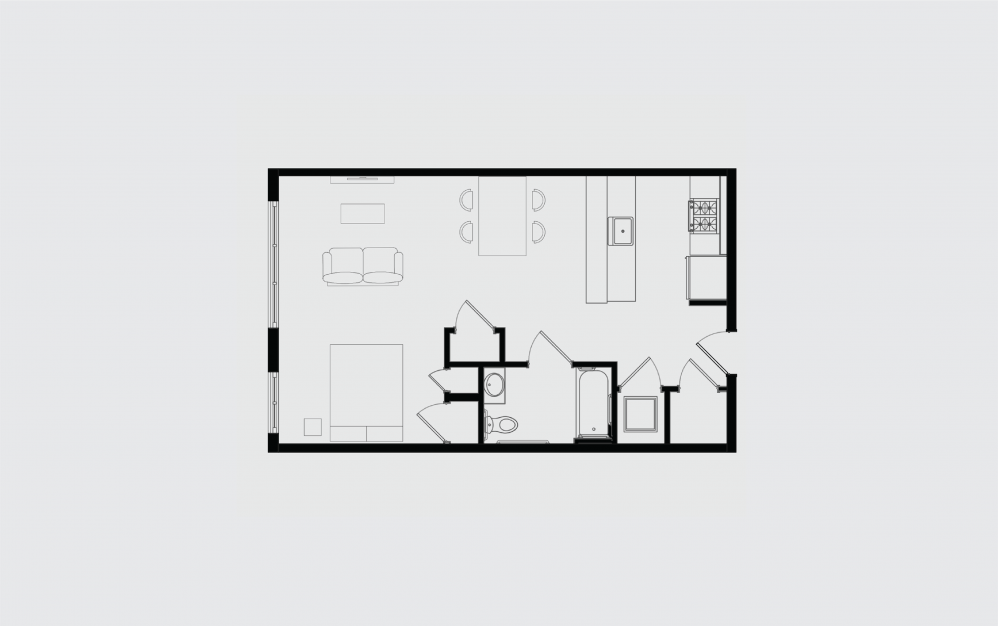 F - Studio floorplan layout with 1 bath and 624 square feet.