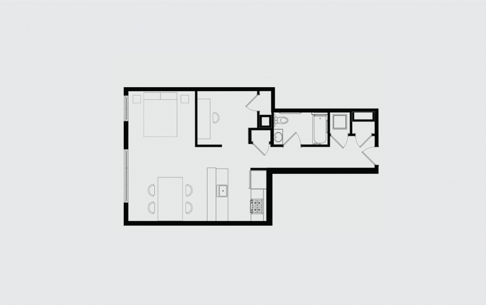 I - Studio floorplan layout with 1 bath and 711 square feet.